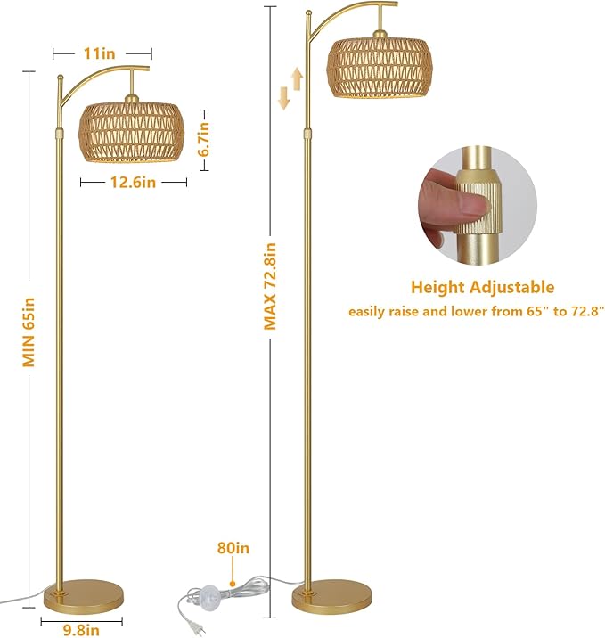 eyassi Arc Floor Lamp with 3 Color Temperatures, LED Gold Floor Lamp with Remote & Stepless Dimmable Bulb, Boho Standing Lamp with Rattan & Fabric Shades, Farmhouse Tall Lamp for Living Room Bedroom