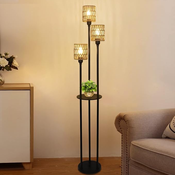 Boho Floor Lamp with Shelves, 3-Lights Farmhouse Tall Floor Lamp with ON/Off Foot Switch, Rustic Standing Lamp with Rattan Shades for Living Room Bedroom Office