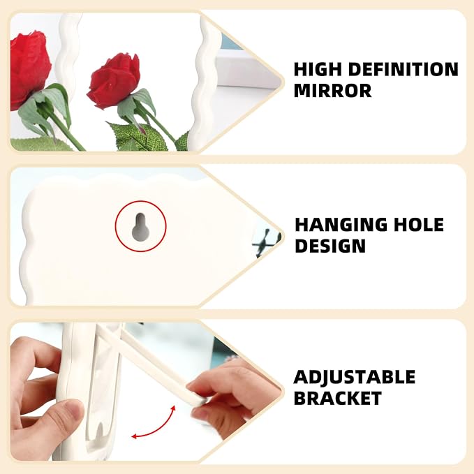 Wave Table Desk Vanity Makeup Mirror Small Make Up Office Mirror White | Desk Decor,Cute Mirror,Cute Desk Accessories,Mini Mirror,for Standing Hanging,6.7X5.3Inch,Home Decor