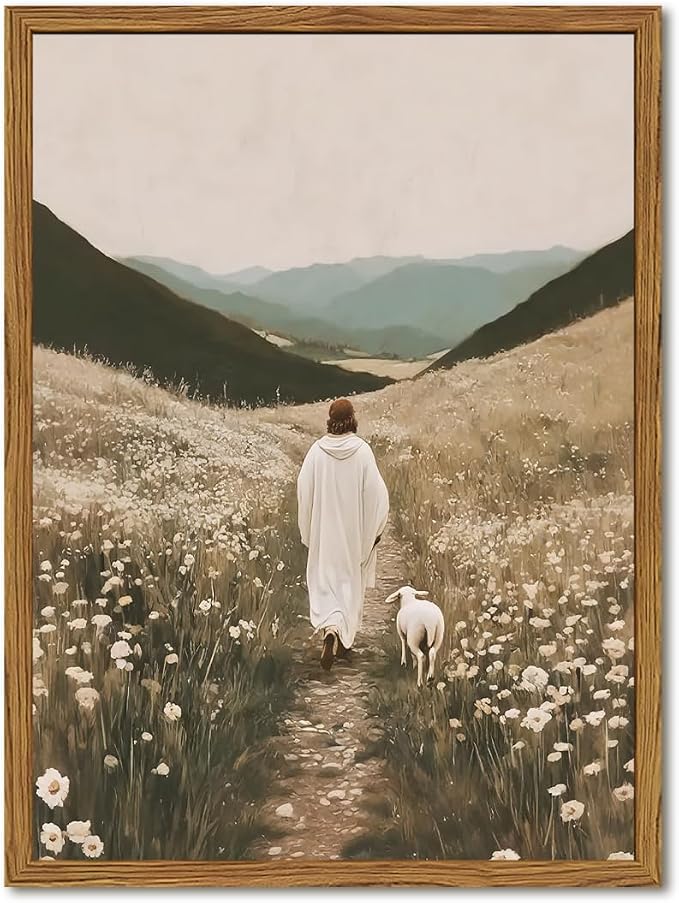 Jesus Leaves the 99 Sheep Wall Art Painting Jesus and Sheep Christian Wall Decor, Religious Prayer Room Poster Canvas Prints Artwork for Living Room Bedroom 16x24 inch Wood Framed