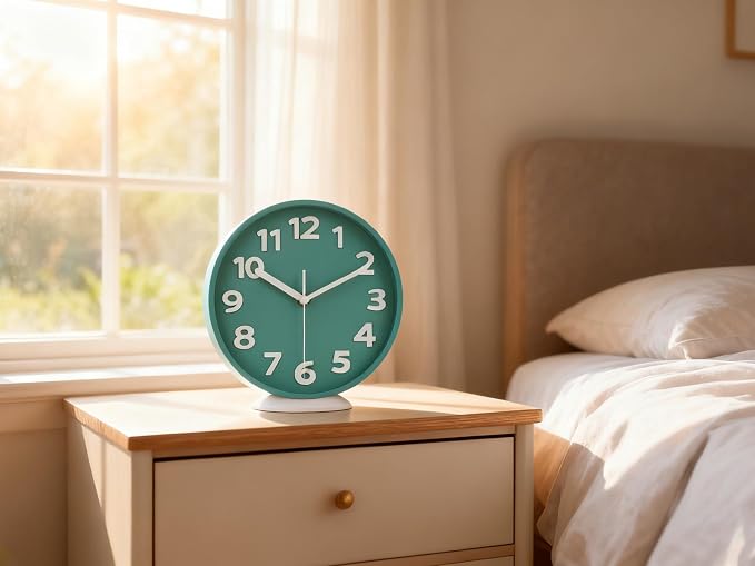 JENLYSTIME 8 Inch Vibrant Teal Modern Wall Clock – Silent Non-Ticking, Bold 3D Numbers, Precise Quartz Movement | Decorative Desk & Wall Clock with Stand for Home, Kitchen, Bedroom, or Office