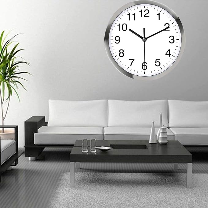 SIN&MI Wall Clock Metal Frame Glass Cover Non-Ticking Number Quartz Wall Clock 12inch Modern Quartz Design Decorative Indoor/Kitchen Silver