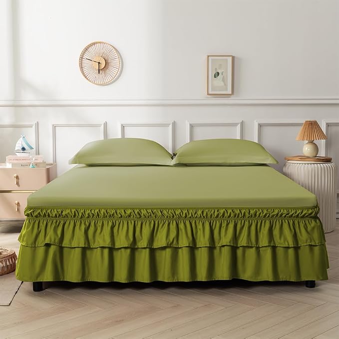 Double-Layered Ruffled Bed Skirt,Deep Sage Green,Full/Queen, 14" Drop | Wrap Around, Adjustable Elastic, 2 Layer, Machine Washable Soft Fabric, Multi Ruffle Bedskirt