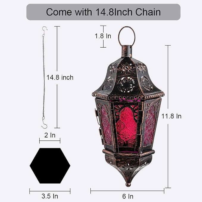 Moroccan Decorations, Lantern Decorative Indoor & Outdoor, 13.6’’ Vintage Decorative Hanging Lantern with Chain for Home Porch Patio Decor, Metal Ramadan Christmas Candle Holders(Plum Red)