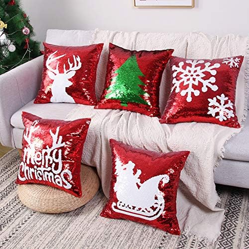 Reversible Sequins Pillow Case 18 x 18 Inch Christmas Sequin Pillow Covers Magic Red Mermaid Square Throw Decorative Pillowcase 2pcs (Red-Merry Christmas)