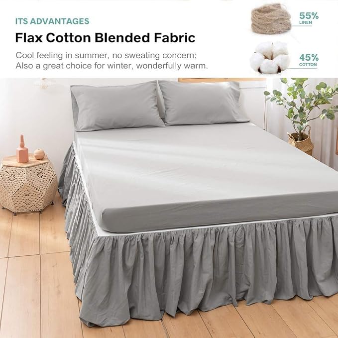 BISELINA French Linen Bed Skirt with Pleated Frills 14-Inch Tailored Drop Natural Flax Cotton Blend Dust Ruffle Soft Cozy Farmhouse Bedding (14" King, Grey)