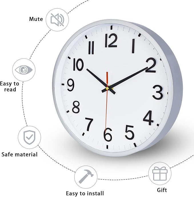 Wall Clocks Battery Operated 10 inch Modern Wall Clock,Silent Non Ticking Wall Clock for Living Room Bedroom Kitchen Office Classroom Decor (Silver and White)