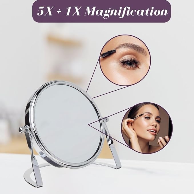 JERDON 5.5" Tabletop Makeup Mirror - 5X Magnification - Chrome - MC113C | Two-Sided 1X View, 5.75" Tall