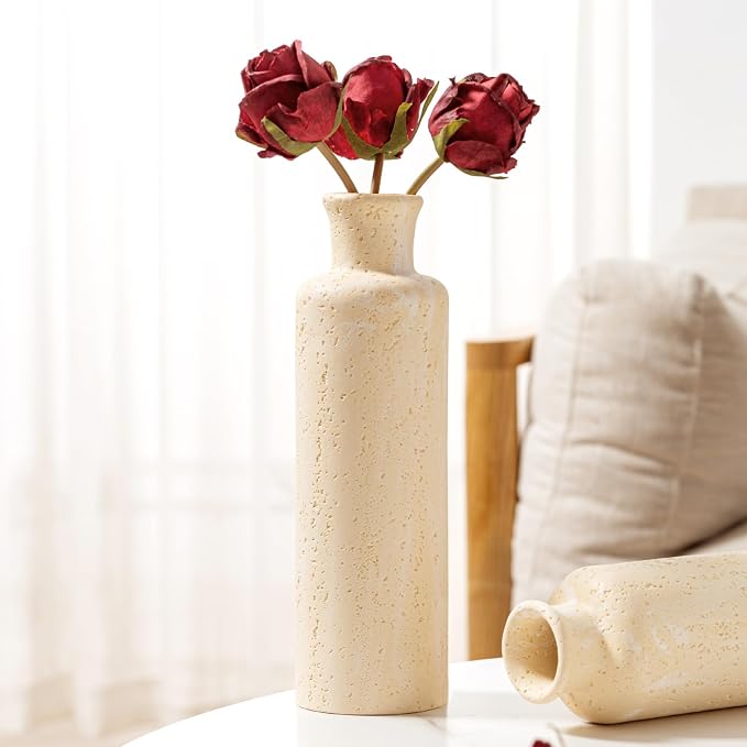 Small Flower Vase Set, Travertine Stone Look, 3 PCS, Yellow | for Pampas Grass, Farmhouse Decor, Kitchen, Living Room, Bathroom, Bedroom, Office, Shelf Centerpiece Table Decoration