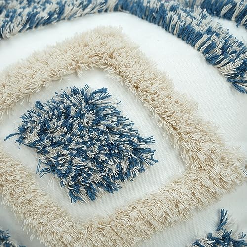 Merrycolor Boho Throw Pillow Covers 12x20 Blue Decorative Lumbar Pillow Covers with Tassels for Couch Bed Sofa Textured Tufted Pillow Covers, Light Blue and White