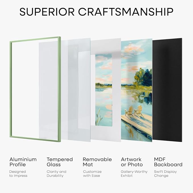 Homeforia 12x15 Green Picture Frame, High-End Metal, 9x12 Mat, Glass