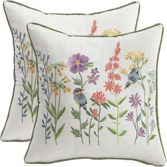 Embroidered Throw Pillow Covers 16x16 Pack of 2 Birds and Flowers | Durable Fabric,Square Pillow Cover,Boho Decorative,Hidden Zipper,Aesthetic Design,Ideal Gift,Machine Washable