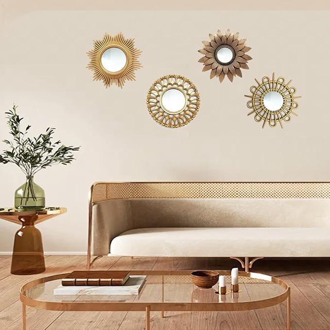 Gold Mirrors for Wall Decor Pack of 3. Round Mirrors.Rays of Light and Annual Ring Shape. Decorative Mirrors.Wall Mirrors for Decor Home Decor.Plastic Frames.Glass Mirrors.Sun Gold Color.