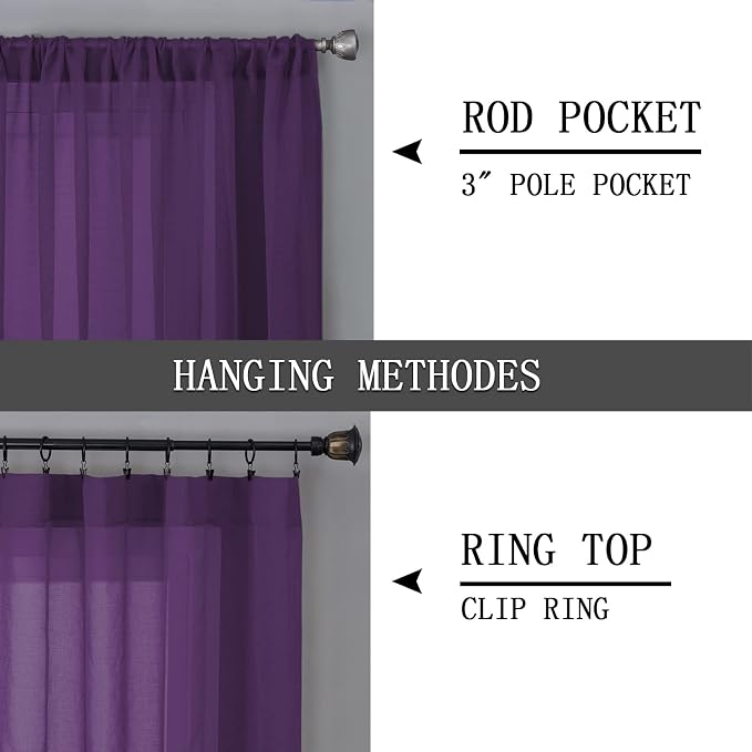 Tollpiz Sheer Curtains Linen Textured Bedroom Curtain Sheers Light Filtering Rod Pocket Voile Curtains for Living Room, 54 x 63 inches Long, Royal Purple, Set of 2 Panels