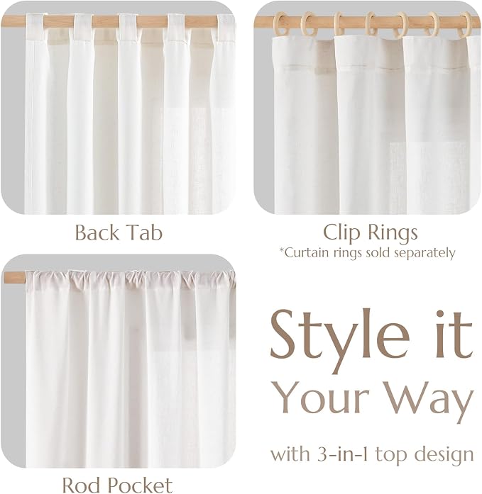 jinchan Linen Curtains Light Filtering Back Tab 38x90 Inch 2 Panels White | Semi Sheer Curtains 90 inch length for Bedroom Living Room, Modern Farmhouse Drapes with Rod Pocket, Natural Boho Curtains