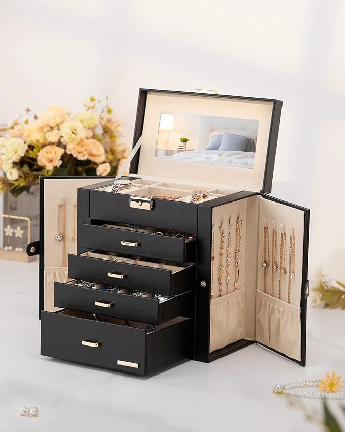 Homde Large Jewelry Box for Women: 5-Layer Organizer with Lock for Dresser | Separated Storage for Necklace Earring Ring Watch to Sort Daily Jewelry - Keep Vanities Tidy - Suitable for Birthday Gift
