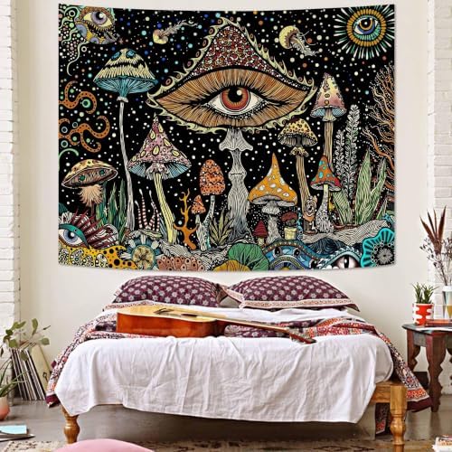 Neasow Hippie Mushroom Tapestry, Abstract Fantasy Eye Wall Hanging, Aesthetic Cute Nature Dot Art Decor for Bedroom Dorm Living Room, 44x60 inches