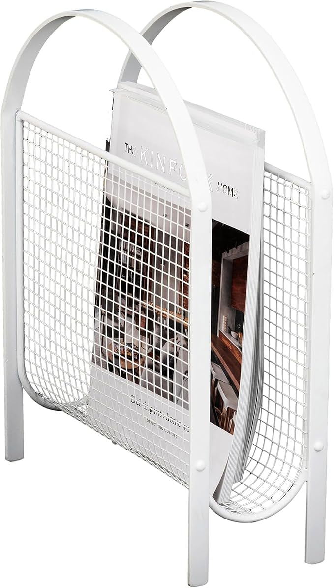 MyGift White Metal Mesh Magazine Rack, Mid Century Freestanding Holder | Sling-style storage keeps newspapers and reading materials contained while the open mesh design makes contents easy to see