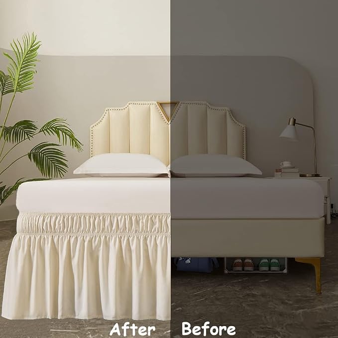 MEILA Wrap Around Elastic Bed Skirt for Queen & King Beds, 12" Drop, Beige | Three-Side Adjustable Elastic Dust Ruffle, Ruffled Polyester Fabric, Easy to Install, Fade Resistant & Machine Washable