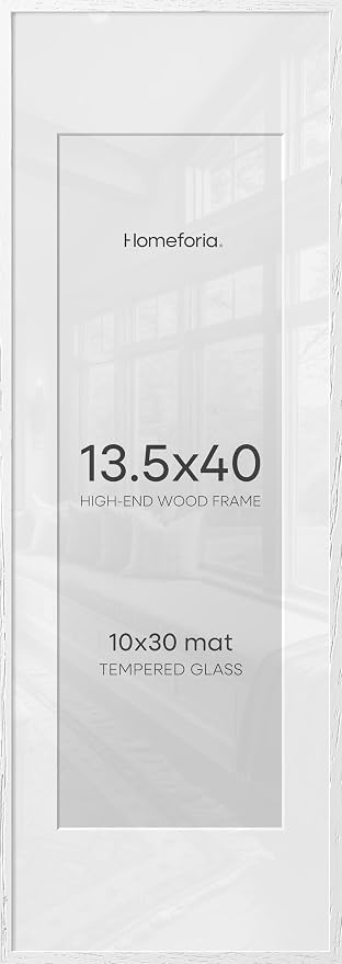 Homeforia 13.5x40 White Oak Picture Frame, High-End Wood, 10x30 Mat, Glass