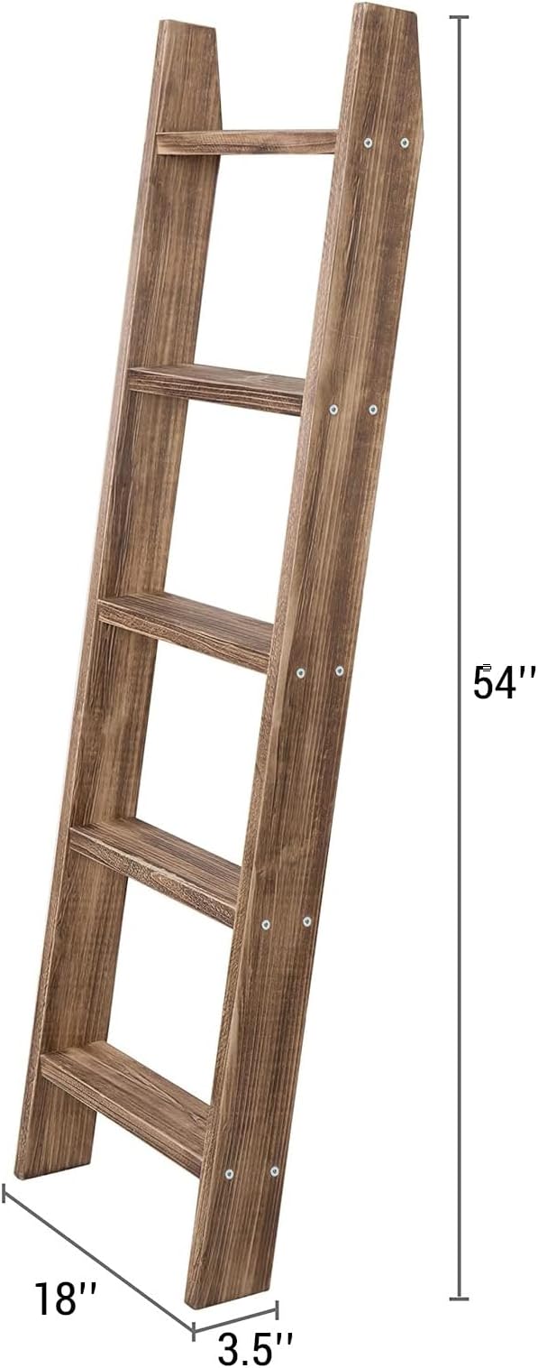 MyGift 4ft Tall Rustic Burnt Natural Wood Wall Leaning Blanket Ladder Shelf with 5 Rungs, Decorative Living Room Throw and Quilt Holder, Farmhouse Bedroom Decor | Five Tier Design, Space Saving Display, Living Room Cozy Home Accent, Decorative Organiza...
