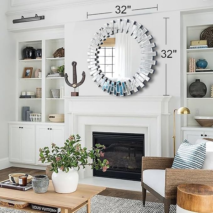 Round Mirrors for Wall Decor, 32'' Large Living Room Mirror with Beveled Edge Glass, Modern Decorative Wall Mirror for Entryway, Dining Room, Bathroom