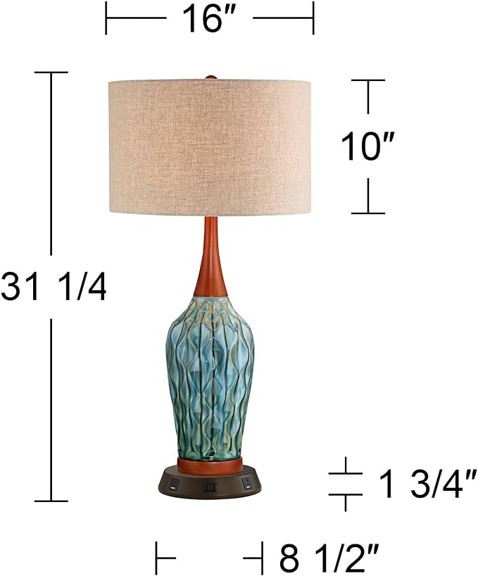 Rocco 30" Large Table Lamp Blue Ceramic USB Workstation Base Handmade