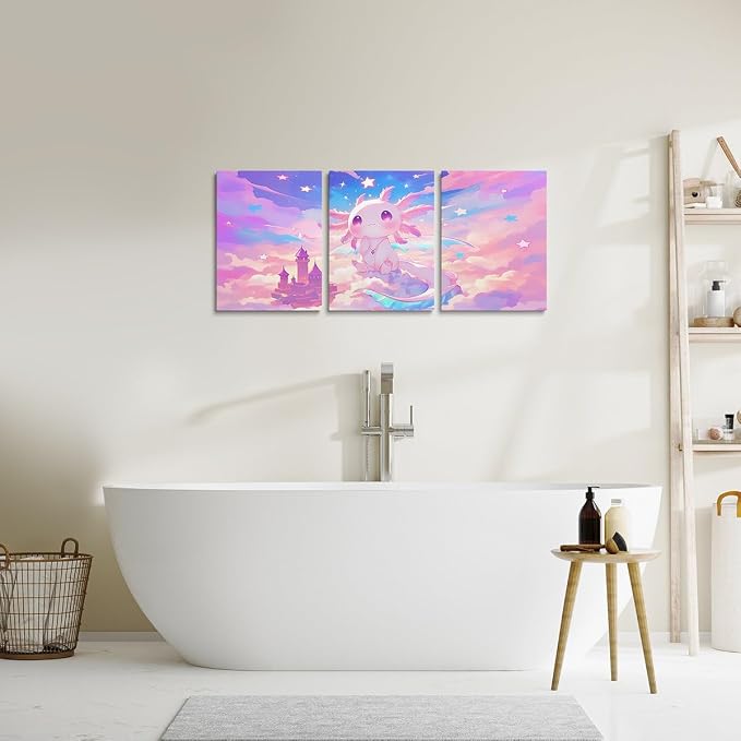 Feelyou Kids Cute Axolotl Picture Wall Decor Galaxy Cloud Wall Painting Posters Cartoon Animal Canvas Wall Art for Living Room Bedroom Boys Girls Dreamy Starry Teens Bathroom Wall Art 12"x16"x 3Pcs