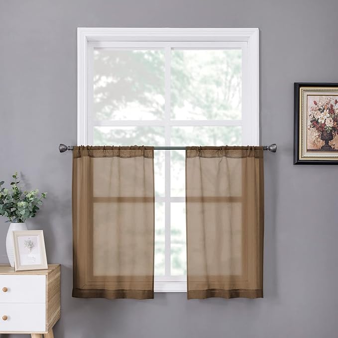 Tollpiz Sheer Tier Curtains Kitchen Linen Textured Half Curtain Sheers Light Filtering Rod Pocket Voile Bathroom Short Curtains for Farmhouse, 25 x 30 inches Long, Brown, Set of 2 Panels