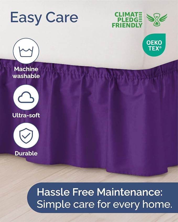 Wrap Around Dust Ruffle Bed Skirt - College Dorm Room - Twin/Twin XL | Purple, 21 Inch Drop, Elastic Strap & Adjustable Pleated Bedskirt, Wrinkle Free, for Women, Men, Students, Kids & Teens