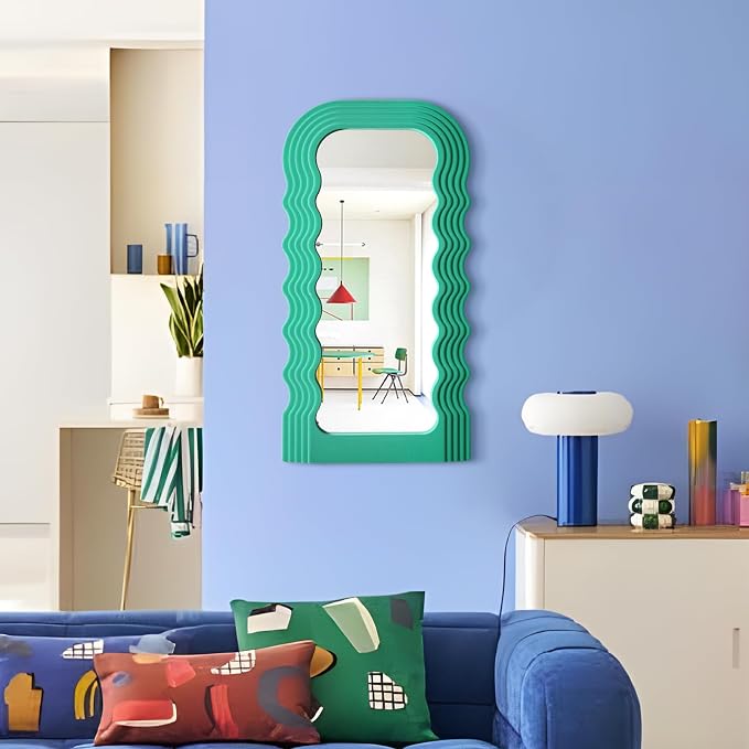Irregular Green Wall Mirror Living Room Decor,14x28 Arch Mirrors | Soft Flocking Touch,Large Modern Decorative Mirrors for Hallway Entryway Staircase,Over the Bed Wall Art Decoration