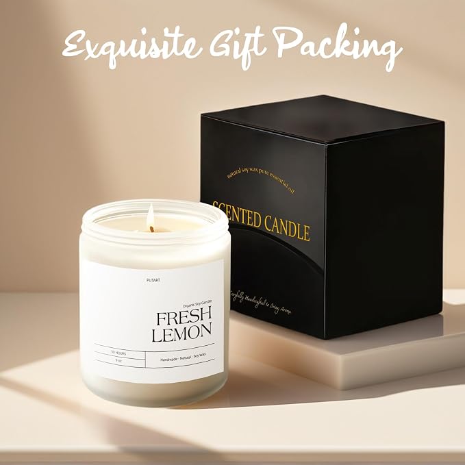 Fresh Lemon Highly Scented Candle for Home, 9oz Non Toxic Soy Candle | Natural Aromatherapy Candles with Essential Oil, Home Fragrance Stress Relief & Meditation Jar Candles Gifts for Women & Men