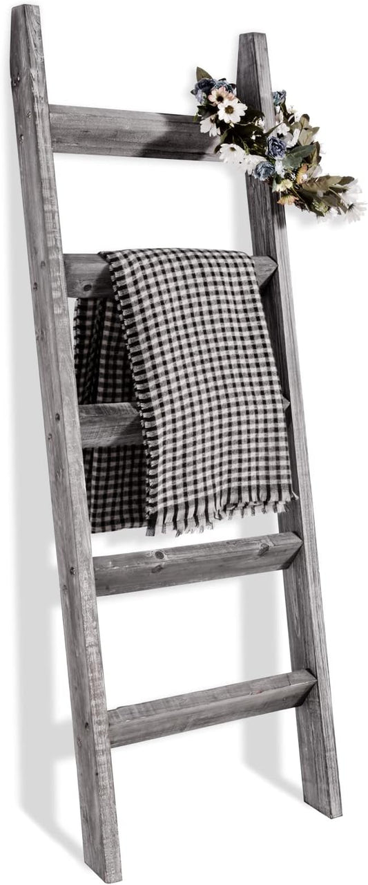 FUIN Blanket Ladder, 5ft Angled rungs Rustic Solid Wood Decor Rack, Grey | 5 rungs, farmhouse quilt display rack, organize towel, leaning wall, bathroom and living room use, non-knocked down side rail