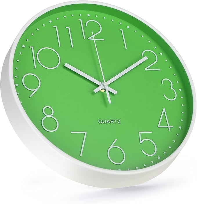 Wall Clock 12 Inch Non-Ticking Silent Modern Simple Style Round Decor Clock Green Stereoscopic Dial Quartz Wall Clocks for Home/Office/School/Living Room/Bedroom/Kitchen