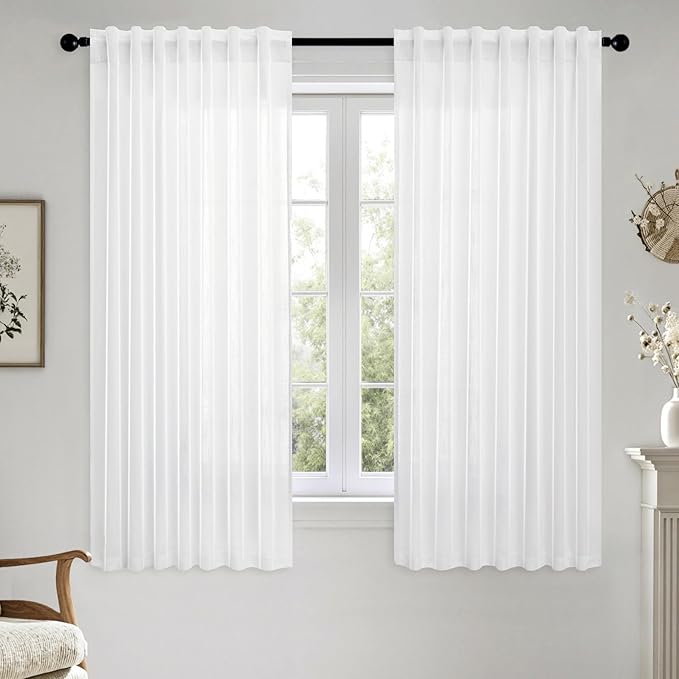 MIULEE White Linen Curtains 64 Inch Length 2 Panels for Kitchen and Bedroom | Soft Thick Linen Textured Back Tab Window Drapes, Semi Sheer Light Filtering, Rod Pocket, Modern Farmhouse Decor