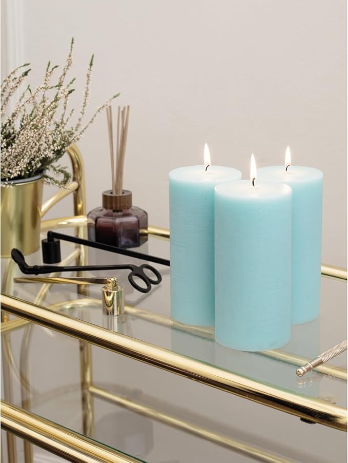 CANDWAX Large Pillar Candles 3x6 Inch – Set of 3 Unscented Dripless Light Turquoise Candles, Rustic Style for Home Decor, Events, Weddings