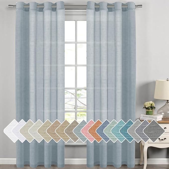 H.VERSAILTEX Linen Curtains Flax Linen Blended Curtain Panels for Living Room/Bedroom Semi Sheer Privacy Curtains 108 inch Length 2 Panels Set Nickel Grommet Window Drapes (52" W x 108" L, Teal)