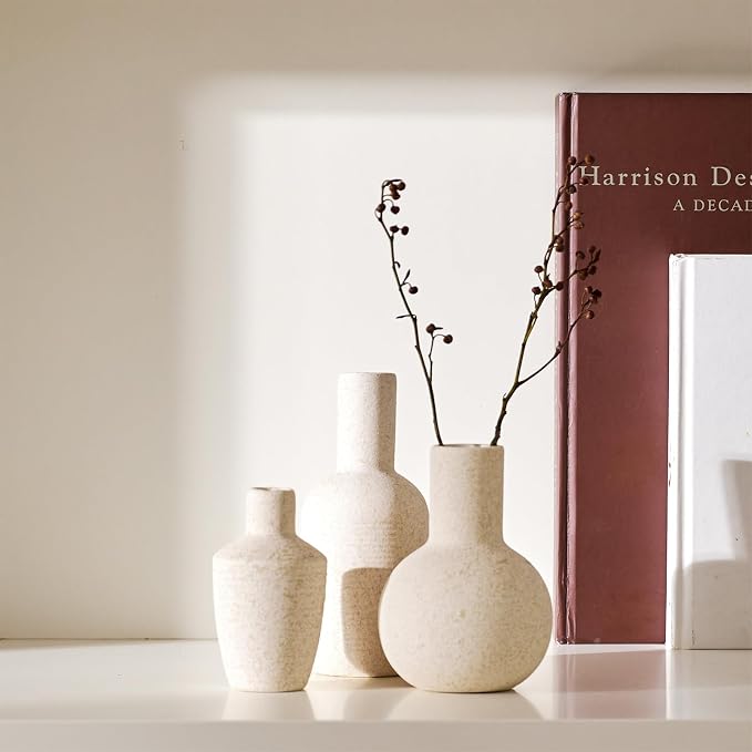 DN DECONATION Flower Vase Set of 3, Small Boho Vases for Table Home Decor | Rustic Farmhouse, Ceramic Vase for Pampas Grass, Dried Fresh Flowers, Modern Decorative Vases for Living Room, Bedroom, Shelf
