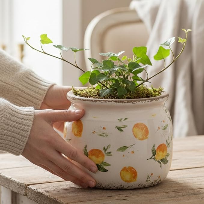 Lemon Ceramic Planter, Italian Mediterranean Flower Pot for Indoor Plants | 6.29" Tuscan Vase & Plant Pot with Drainage, Amalfi Coast Style Kitchen Home Decor Gift, Lemon Yellow