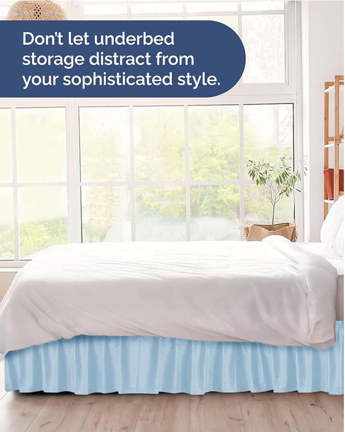 Wrap Around Dust Ruffle Bed Skirt, Queen Size - 18 Inch Drop, Light Blue | Easy Fit Elastic Strap, Adjustable Pleated Bedskirt w/Brushed Fabric, Wrinkle & Fade Free, for Women, Men, Kids & Teens