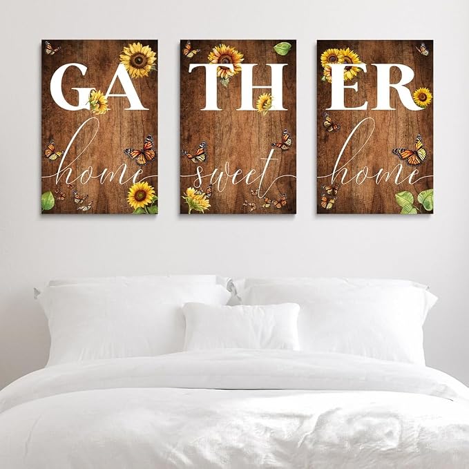 GUBIYU Rustic Farmhouse Dining Room Decor Cute Gather Signs - 'Home Sweet Home' Wall Decor with Sunflower Butterfly Design - 20"x28"