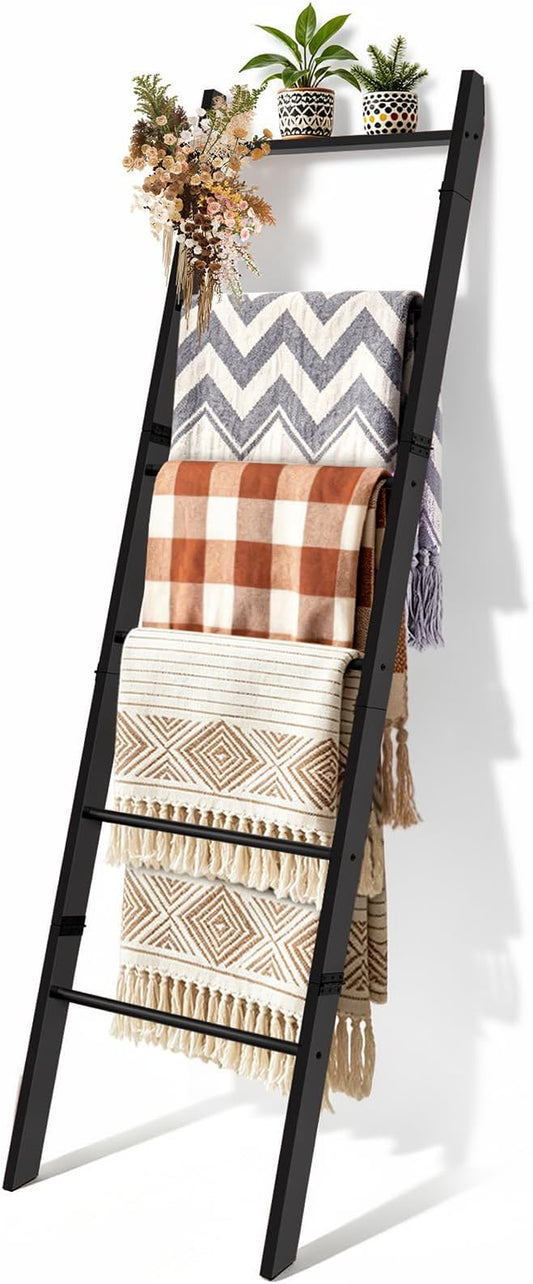6-Tier Blanket Ladder Wooden, Blanket Quilt Towel Holder Rack Ladder, Black | Wall Leaning Solid Wood Quilt Rack, Scratch & Slip Resistant, Living Room Bedroom Bathroom, Quick Setup, Brown