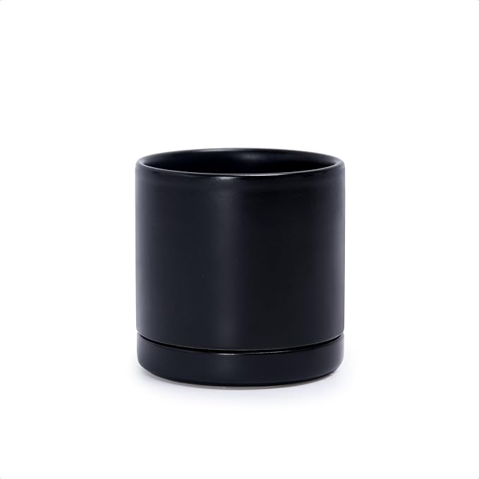 D'vine Dev 3.5 Inch Ceramic Planter Pot, Black, 94-O-A-2 | Modern Cylinder Design, Drainage Hole & Saucer Included, Stable Structure, Elegant Home Accent