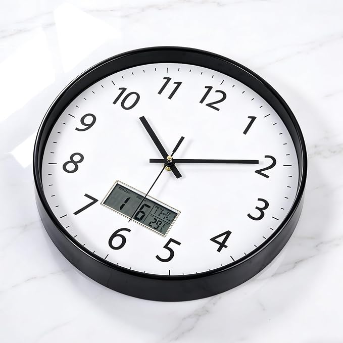 SIN&MI Wall Clock 12 Inch LCD Display Number Frame Glass Cover Non-Ticking Number Quartz Wall Clock Modern Quartz Design Decorative Indoor/Kitchen White