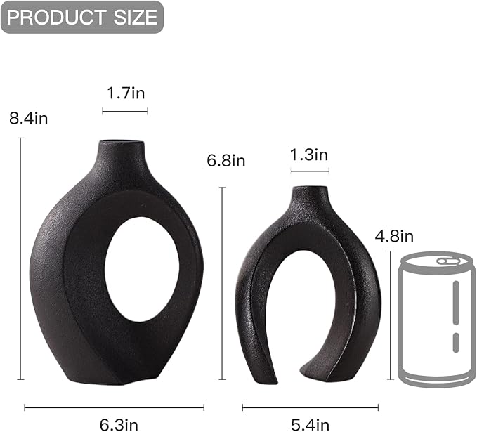 Lvases Snuggle Hollow Ceramic Vase Set of 2 for Nordic Boho Home Decor | Modern Decorative Vase for Pampas Flower, coffee Table Centerpiece Living Room Book Shelf ( Matte Black W 6.3" X H 8.4" )