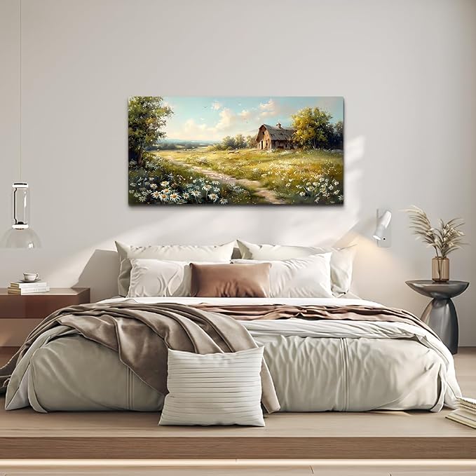 KELIYUAN Canvas Wall Art For Living Room Farmhouse Wall Decor For Bedroom Office Wall Decoration Vintage Country Field Landscape Painting Framed Prints Pictures Artwork Room Home Decor 20"x40"