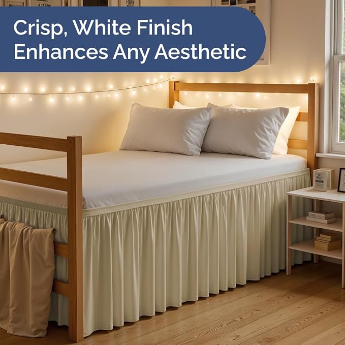 Dorm Room Bed Skirt Full XL - College Dorm Essentials - Off White, 32 Inch | Extra Long Dust Ruffled College Bedskirt with Split Corners, Easy Fit Elastic Strap, Adjustable, Fade & Wrinkle Free