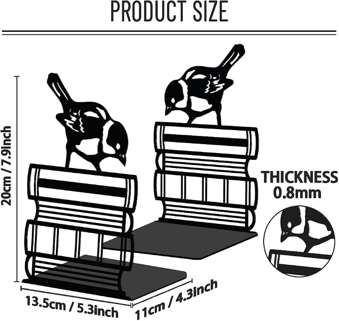 WADORN 1 Pair Sparrow Birds Books Metal Decorative Bookend for Shelves, Heavy Duty Book Ends Non-Skid Books Holder Stand Black Book Support Stoppers for Desk Bookshelf Office Home, 5.3x4.3x7.9 Inch