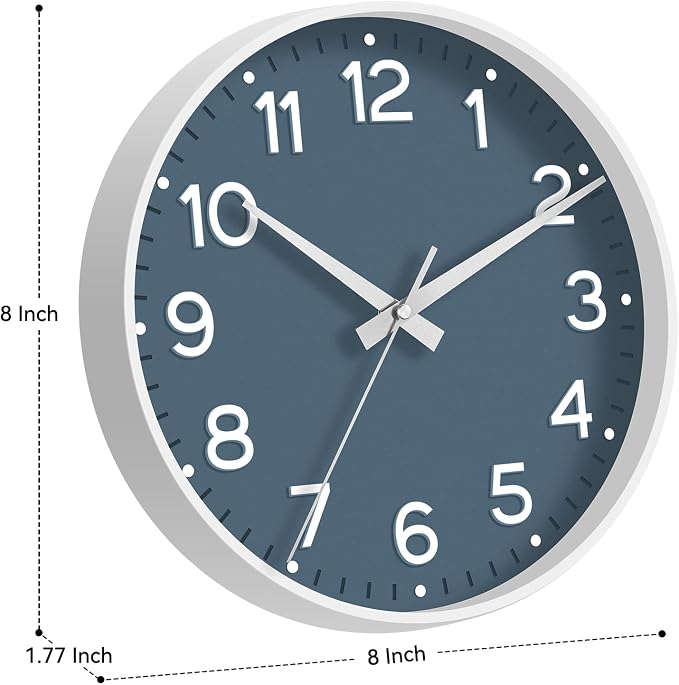 Roymnie 8 Inch Wall Clock, Battery Operated Silent Non Ticking Analog | Azure Blue modern analog; large 3D easy-read dial for kitchen, office, bathroom & bedroom; 1 AA battery (not included)