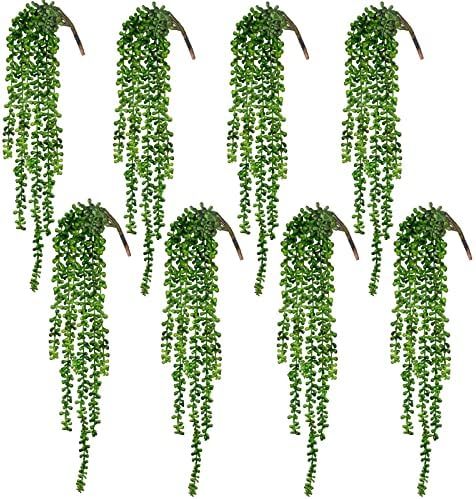 CEWOR 8pcs Artificial Succulents Hanging Greenery Plants Fake String of Pearls for Wall Home Garden Outdoor Decor (24 Inches Each Length)